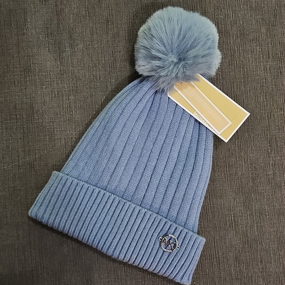 Michael Kors Cable Knit Fleece Lined Cuffed Pom Pom Winter Blue Beanie hat MK